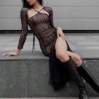 Long-sleeve Cross Strap Slit Midi Sheath Dress