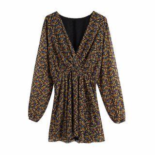 V-neck Long-sleeve Floral Print Mini Dress