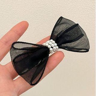 Bow Faux Pearl Mesh Hair Clip A - 1 Pc - Black - One Size