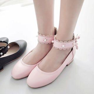 Faux Pearl Lace Strap Flats