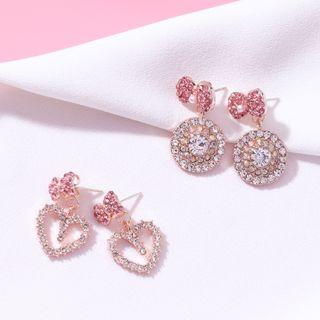 Rhinestone Bow Disc / Heart Dangle Earring