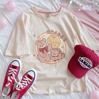 Short-sleeve Bear Print T-shirt As Shown In Figure - One Size