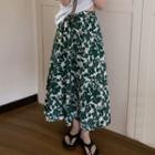 Floral Print Midi A-line Skirt Green & White - One Size