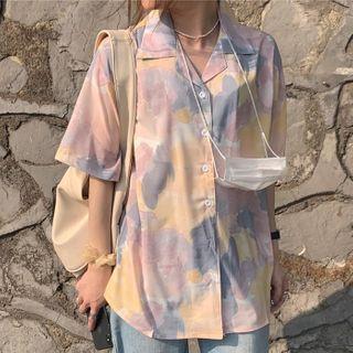 Elbow-sleeve Printed Shirt Pink & Yellow - One Size