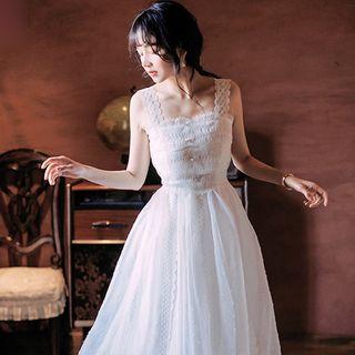 Sleeveless Lace-panel Midi A-line Mesh Dress