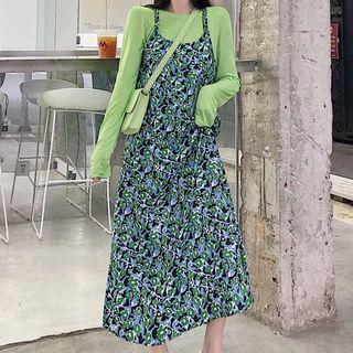 Long-sleeve Crew-neck T-shirt / Floral Midi Spaghetti Strap Dress