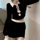 Set: Bobble Collared Long-sleeve Knit Top + Knit Skirt Black - One Size
