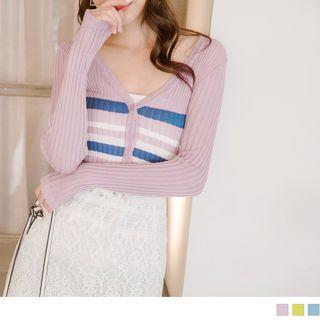 Scalloped Trim Contrast Stripe Basic Cardigan