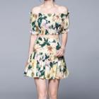 Set: Short-sleeve Floral Print Crop Top + Mini A-line Skirt