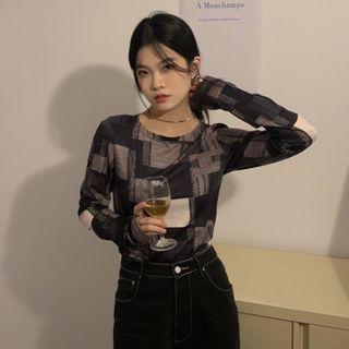 Long-sleeve Patchwork Top Black - One Size