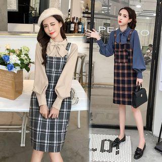 Plaid A-line Pinafore Dress / Tie-neck Long Sleeve Blouse
