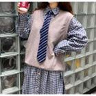 Long Sleeve Plaid Shirtdress / V-neck Knitted Vest