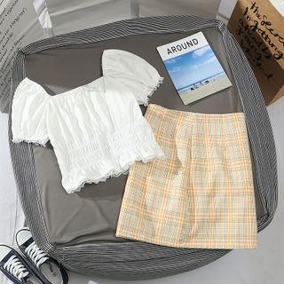 Short-sleeve Square-neck Blouse / Plaid Mini Fitted Skirt