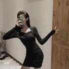 Plain Square-neck Slim-fit Long-sleeve Dress Black - One Size