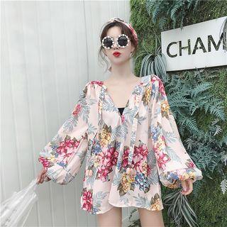 Print V-neck Puff-sleeve Loose-fit Blouse