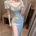 Plain Slim-fit Side-slit Dress