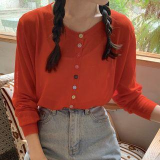Plain Long-sleeve Buttoned Sheer Cardigan