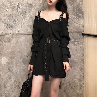 Off Shoulder Long-sleeve Shirt Dress Black - One Size