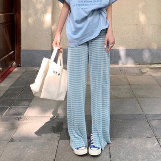 High-waist Plaid Slit Pants Blue - One Size