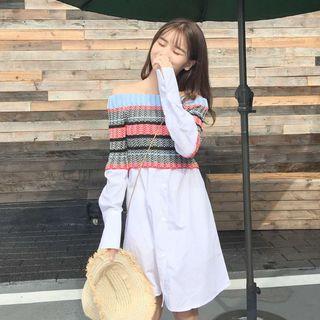 Striped Off-shoulder Long-sleeve A-line Dress