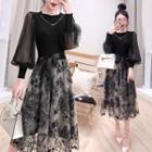 Puff-sleeve Knit Panel Midi A-line Lace Dress