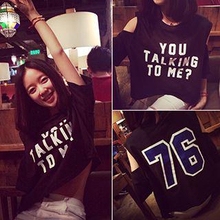 Lettering Cut Out Shoulder Elbow Sleeve T-shirt