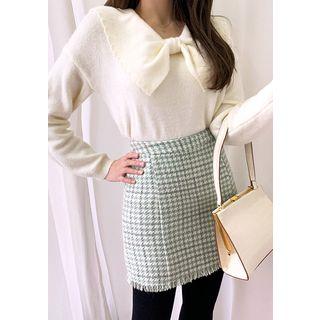 Fringed Houndstooth Woolen Miniskirt