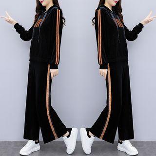 Set: Lettering Velvet Hoodie + Wide-leg Pants