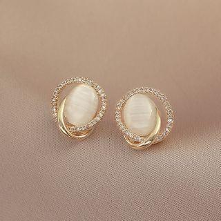 Rhinestone Cat Eye Stone Earring 1 Pair - Silver Rhinestone - Gold - One Size