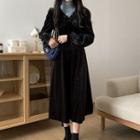 V-neck Wood Ear Trim Midi Dress Black - One Size