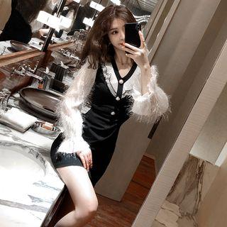 V-neck Fringed-sleeve Ruffled Mini Sheath Dress