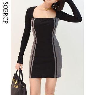 Square Neck Two Tone Skinny Mini Dress Black - One Size