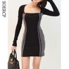 Square Neck Two Tone Skinny Mini Dress Black - One Size