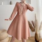 Long-sleeve Shawl-collar Plain Knit Dress