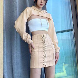 Set: Crop Hoodie + Lace-up A-line Skirt