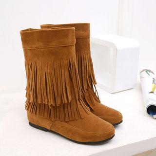 Faux Suede Layered Tassel Hidden Wedge Short Boots