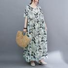 Short-sleeve Floral Maxi Smock Dress Gray Floral - Light Green - One Size