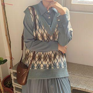 Long-sleeve Midi Shirt Dress / Argyle Knit Vest