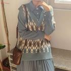Long-sleeve Midi Shirt Dress / Argyle Knit Vest