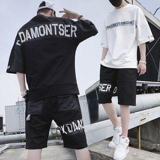 Set: Elbow-sleeve Letter T-shirt + Sweatshorts
