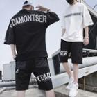 Set: Elbow-sleeve Letter T-shirt + Sweatshorts
