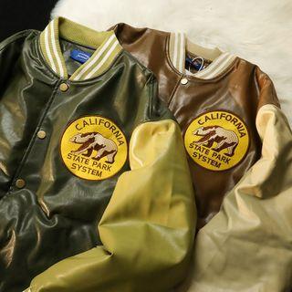 Faux Leather Patched Baseball Jacket