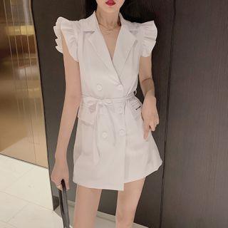 Ruffle Sleeveless Mini Collared Dress White - One Size