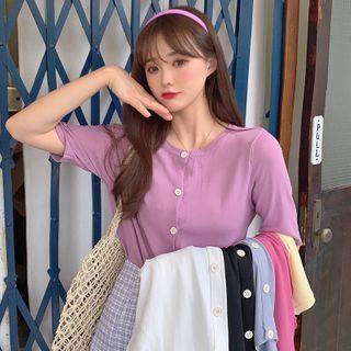Short-sleeve Plain Buttoned Knit Top