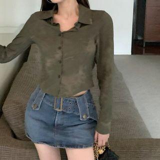 Long-sleeve Collared Tie-dyed Button-up Top / Denim Mini Pencil Skirt