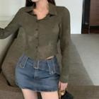Long-sleeve Collared Tie-dyed Button-up Top / Denim Mini Pencil Skirt