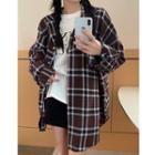 Long-sleeve Plaid Loose-fit Shirt Coffee - One Size