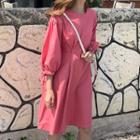 Plain Round Neck Long-sleeve Loose-fit Dress Pink - One Size