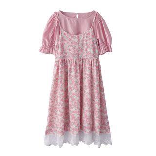 Short-sleeve Blouse / Floral Lace Trim Overall Dress / Set