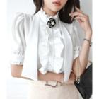 Scarf-neck Frilly Blouse With Brooch Ivory - One Size